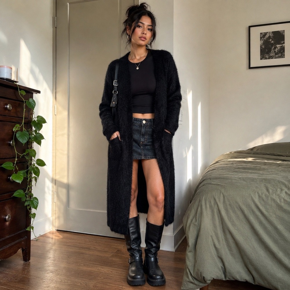 Black Fuzzy Longline Open Front Cardigan Coatigan Minimalist Size M